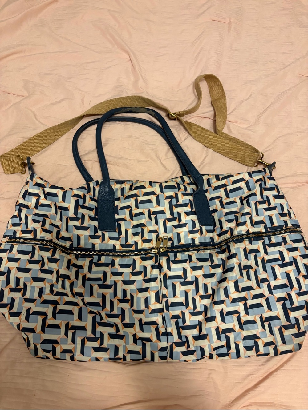 Geometric Navy and Cream Tote Bag with Crossbody Strap